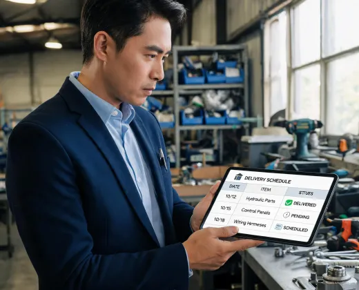 Project lead reviewing a delivery schedule with a tablet