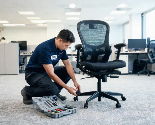 Warranty service technician with a repair toolkit beside a task chair