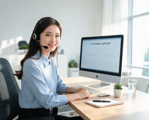 Customer care representative at a desk with a headset