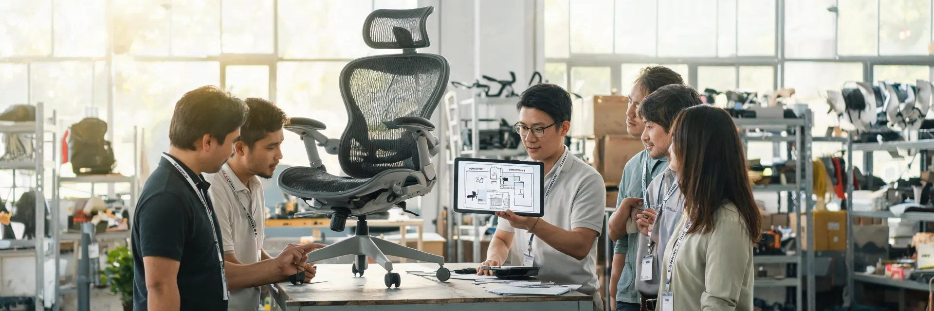 Herman Miller manufacturing and showroom team reviewing a workspace plan around an ergonomic chair sample