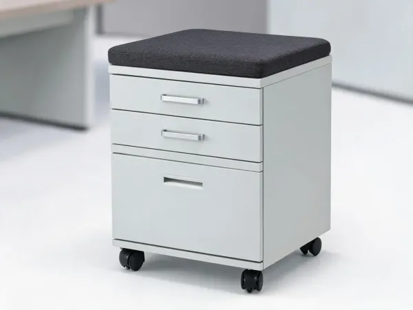 Mobile pedestal filing cabinet with cushion top in office