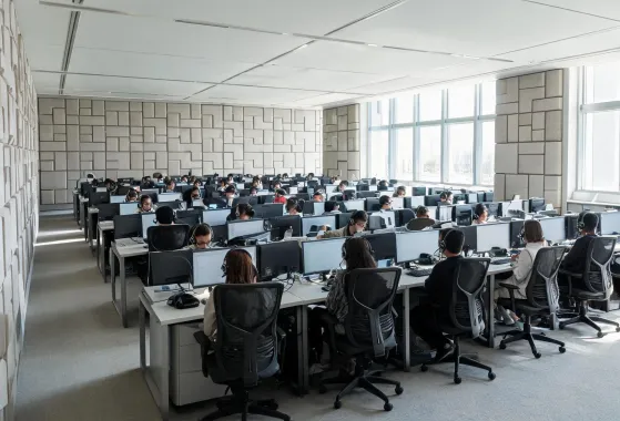 Contact centre floor with rows of task chairs