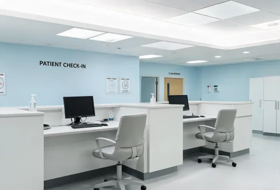 Clinic waiting and admin area with wipeable seating