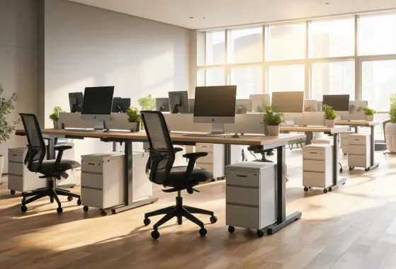 Hybrid workspace with shared sit-stand desks