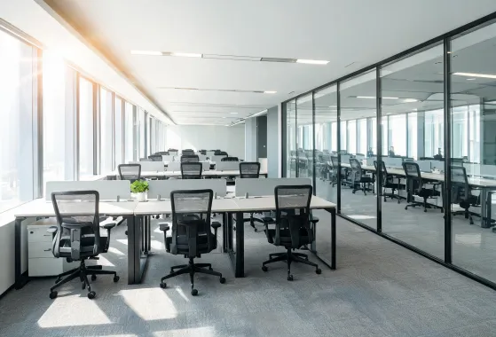 Open-plan corporate office with mesh task chairs