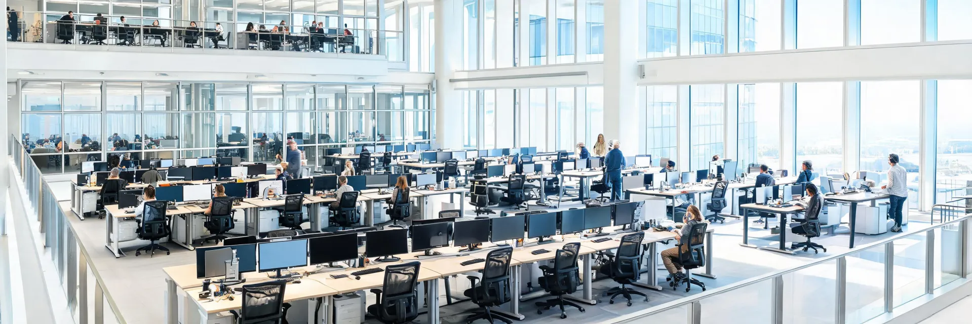 Busy corporate floor furnished with Herman Miller ergonomic task chairs and sit-stand desks