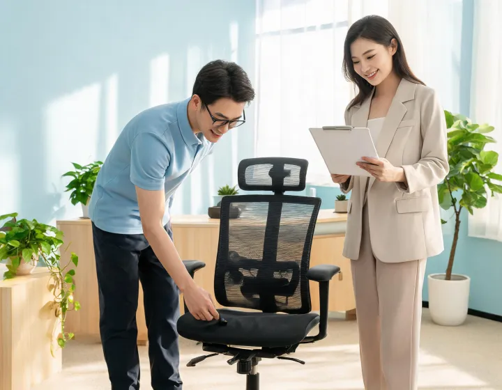 Illustration of an ergonomic specialist measuring a Herman Miller task chair seat depth in a sunny office